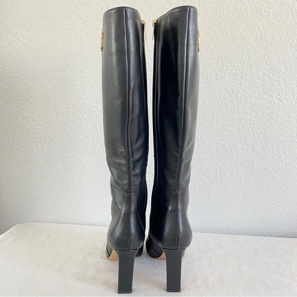 Jimmy choo black leather logo Knee high boots